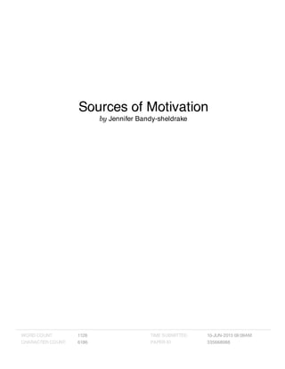 Sources of Motivation
by Jennifer Bandy-sheldrake
WORD COUNT 1128
CHARACTER COUNT 6186
TIME SUBMITTED 10-JUN-2013 09:09AM
PAPER ID 335668988
 