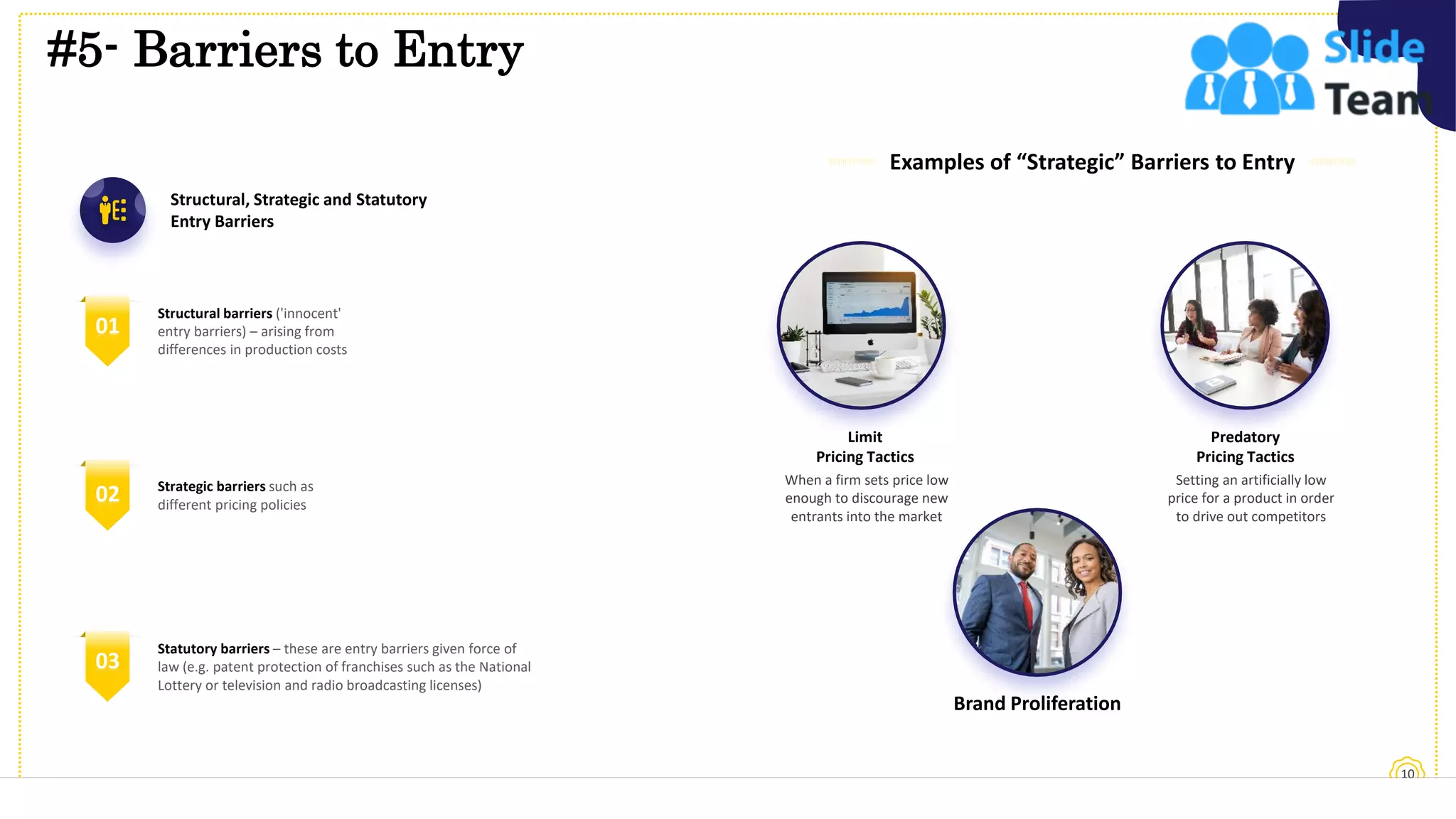 #5- Barriers to Entry
10
Limit
Pricing Tactics
When a firm sets price low
enough to discourage new
entrants into the market
Predatory
Pricing Tactics
Setting an artificially low
price for a product in order
to drive out competitors
Brand Proliferation
This slide is 100% editable. Adapt it to your needs and capture your audience's attention.
Examples of “Strategic” Barriers to Entry
Structural, Strategic and Statutory
Entry Barriers
Structural barriers ('innocent'
entry barriers) – arising from
differences in production costs
01
Strategic barriers such as
different pricing policies
02
Statutory barriers – these are entry barriers given force of
law (e.g. patent protection of franchises such as the National
Lottery or television and radio broadcasting licenses)
03
 