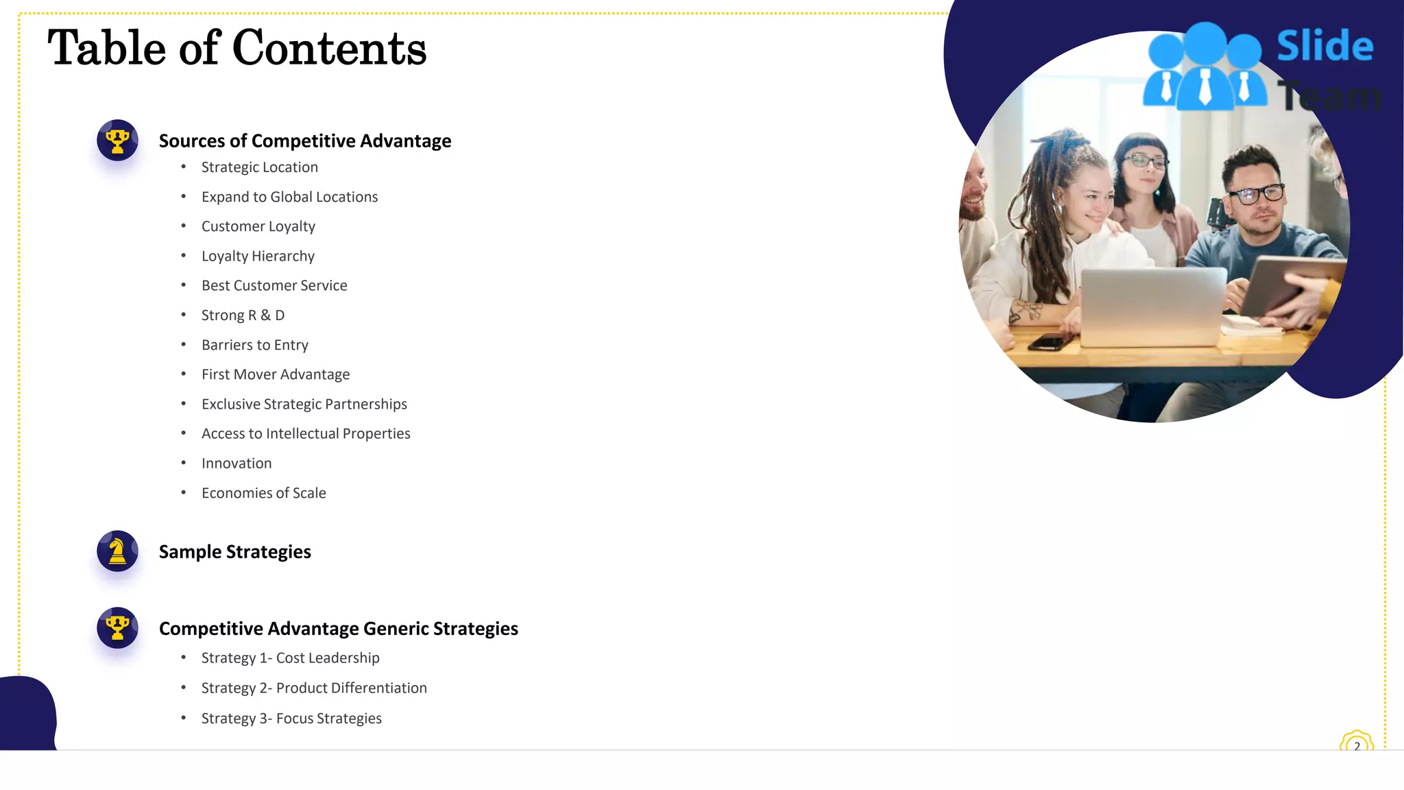 Table of Contents
2
Sample Strategies
Competitive Advantage Generic Strategies
Sources of Competitive Advantage
• Strategic Location
• Expand to Global Locations
• Customer Loyalty
• Loyalty Hierarchy
• Best Customer Service
• Strong R & D
• Barriers to Entry
• First Mover Advantage
• Exclusive Strategic Partnerships
• Access to Intellectual Properties
• Innovation
• Economies of Scale
• Strategy 1- Cost Leadership
• Strategy 2- Product Differentiation
• Strategy 3- Focus Strategies
 