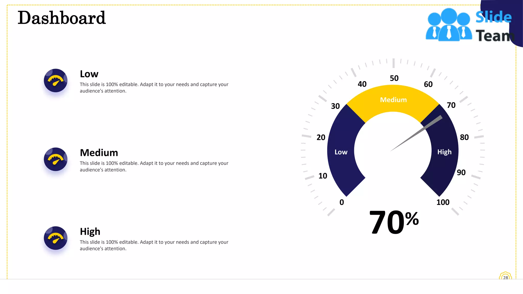 Dashboard
28
Low
This slide is 100% editable. Adapt it to your needs and capture your
audience's attention.
Medium
This slide is 100% editable. Adapt it to your needs and capture your
audience's attention.
High
This slide is 100% editable. Adapt it to your needs and capture your
audience's attention.
0 100
20
10
30
40
80
90
70
60
50
70%
Low
Medium
High
 