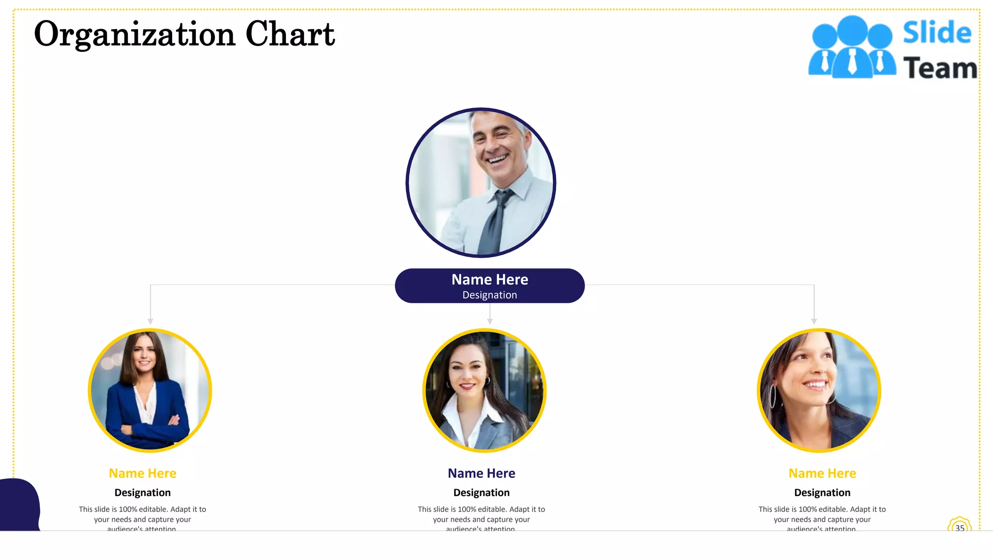 Organization Chart
35
Name Here
Designation
This slide is 100% editable. Adapt it to
your needs and capture your
audience's attention.
Designation
Name Here
This slide is 100% editable. Adapt it to
your needs and capture your
audience's attention.
Designation
Name Here
This slide is 100% editable. Adapt it to
your needs and capture your
audience's attention.
Designation
Name Here
 