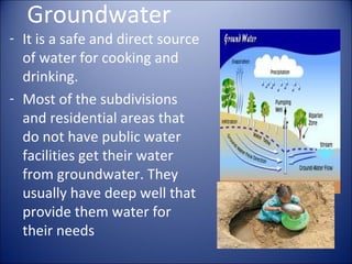 Groundwater

- It is a safe and direct source
of water for cooking and
drinking.
- Most of the subdivisions
and residential areas that
do not have public water
facilities get their water
from groundwater. They
usually have deep well that
provide them water for
their needs

 