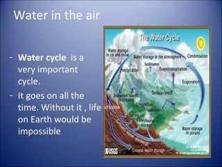 Water in the air
- Water cycle is a
very important
cycle.
- It goes on all the
time. Without it , life
on Earth would be
impossible

 