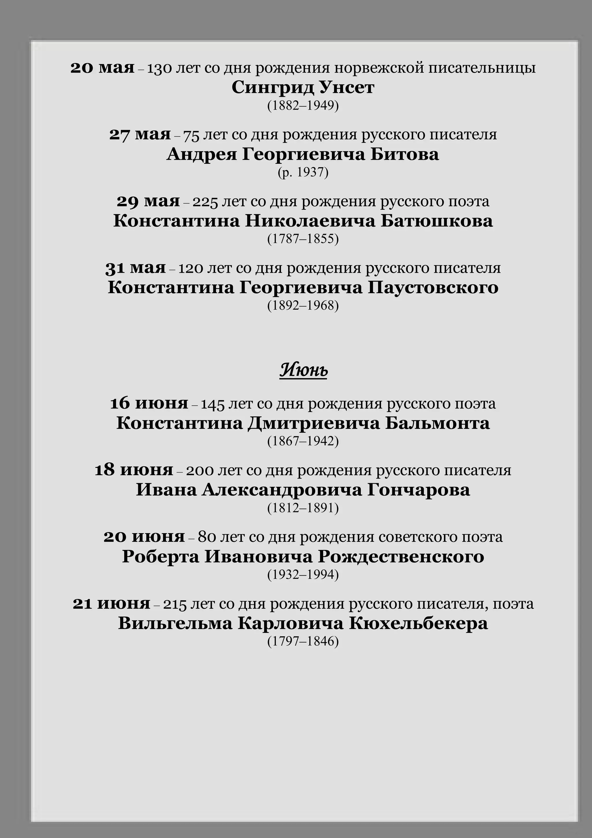 20 мая – 130 лет со дня рождения норвежской писательницы
Сингрид Унсет
(1882–1949)
27 мая – 75 лет со дня рождения русского писателя
Андрея Георгиевича Битова
(р. 1937)
29 мая – 225 лет со дня рождения русского поэта
Константина Николаевича Батюшкова
(1787–1855)
31 мая – 120 лет со дня рождения русского писателя
Константина Георгиевича Паустовского
(1892–1968)
Июнь
16 июня – 145 лет со дня рождения русского поэта
Константина Дмитриевича Бальмонта
(1867–1942)
18 июня – 200 лет со дня рождения русского писателя
Ивана Александровича Гончарова
(1812–1891)
20 июня – 80 лет со дня рождения советского поэта
Роберта Ивановича Рождественского
(1932–1994)
21 июня – 215 лет со дня рождения русского писателя, поэта
Вильгельма Карловича Кюхельбекера
(1797–1846)
 