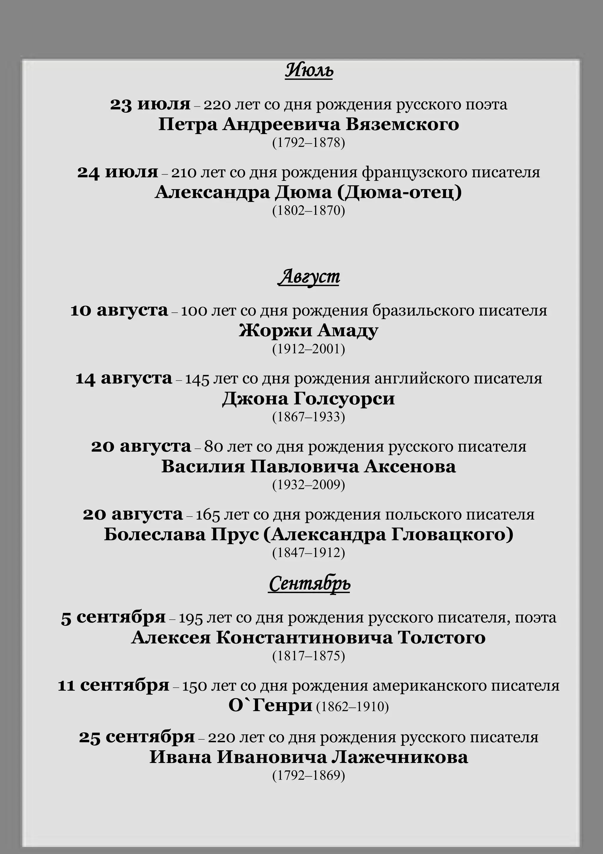Июль
23 июля – 220 лет со дня рождения русского поэта
Петра Андреевича Вяземского
(1792–1878)
24 июля – 210 лет со дня рождения французского писателя
Александра Дюма (Дюма-отец)
(1802–1870)
Август
10 августа – 100 лет со дня рождения бразильского писателя
Жоржи Амаду
(1912–2001)
14 августа – 145 лет со дня рождения английского писателя
Джона Голсуорси
(1867–1933)
20 августа – 80 лет со дня рождения русского писателя
Василия Павловича Аксенова
(1932–2009)
20 августа – 165 лет со дня рождения польского писателя
Болеслава Прус (Александра Гловацкого)
(1847–1912)
Сентябрь
5 сентября – 195 лет со дня рождения русского писателя, поэта
Алексея Константиновича Толстого
(1817–1875)
11 сентября – 150 лет со дня рождения американского писателя
О`Генри (1862–1910)
25 сентября – 220 лет со дня рождения русского писателя
Ивана Ивановича Лажечникова
(1792–1869)
 