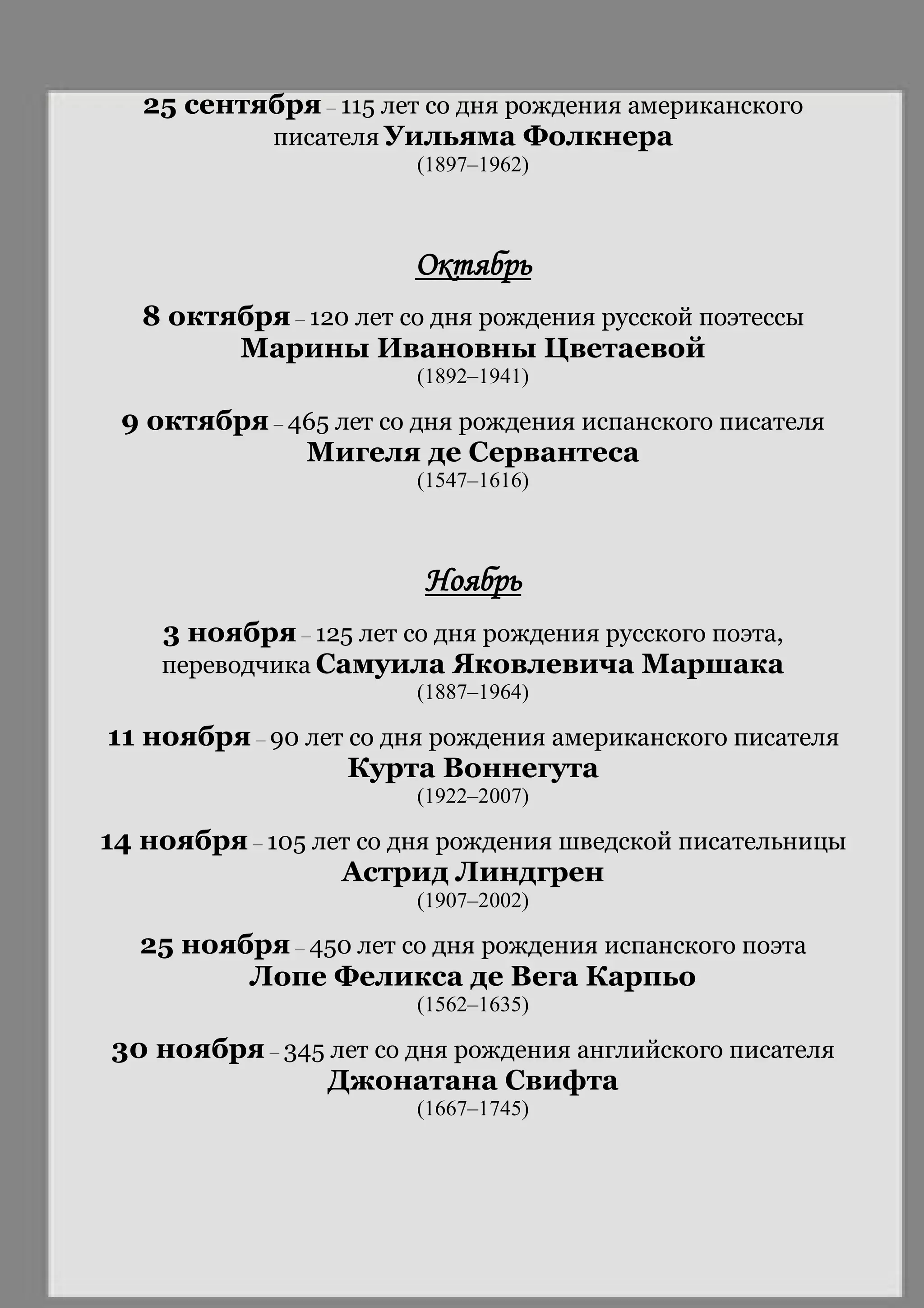25 сентября – 115 лет со дня рождения американского
писателя Уильяма Фолкнера
(1897–1962)
Октябрь
8 октября – 120 лет со дня рождения русской поэтессы
Марины Ивановны Цветаевой
(1892–1941)
9 октября – 465 лет со дня рождения испанского писателя
Мигеля де Сервантеса
(1547–1616)
Ноябрь
3 ноября – 125 лет со дня рождения русского поэта,
переводчика Самуила Яковлевича Маршака
(1887–1964)
11 ноября – 90 лет со дня рождения американского писателя
Курта Воннегута
(1922–2007)
14 ноября – 105 лет со дня рождения шведской писательницы
Астрид Линдгрен
(1907–2002)
25 ноября – 450 лет со дня рождения испанского поэта
Лопе Феликса де Вега Карпьо
(1562–1635)
30 ноября – 345 лет со дня рождения английского писателя
Джонатана Свифта
(1667–1745)
 