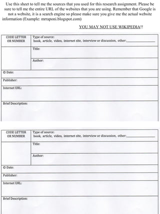 Use this sheet to tell me the sources that you used for this research assignment. Please be
sure to tell me the entire URL of the websites that you are using. Remember that Google is
not a website, it is a search engine so please make sure you give me the actual website
information (Example: mrraponi.blogspot.com)
YOU MAY NOT USE WIKIPEDIA!!
 