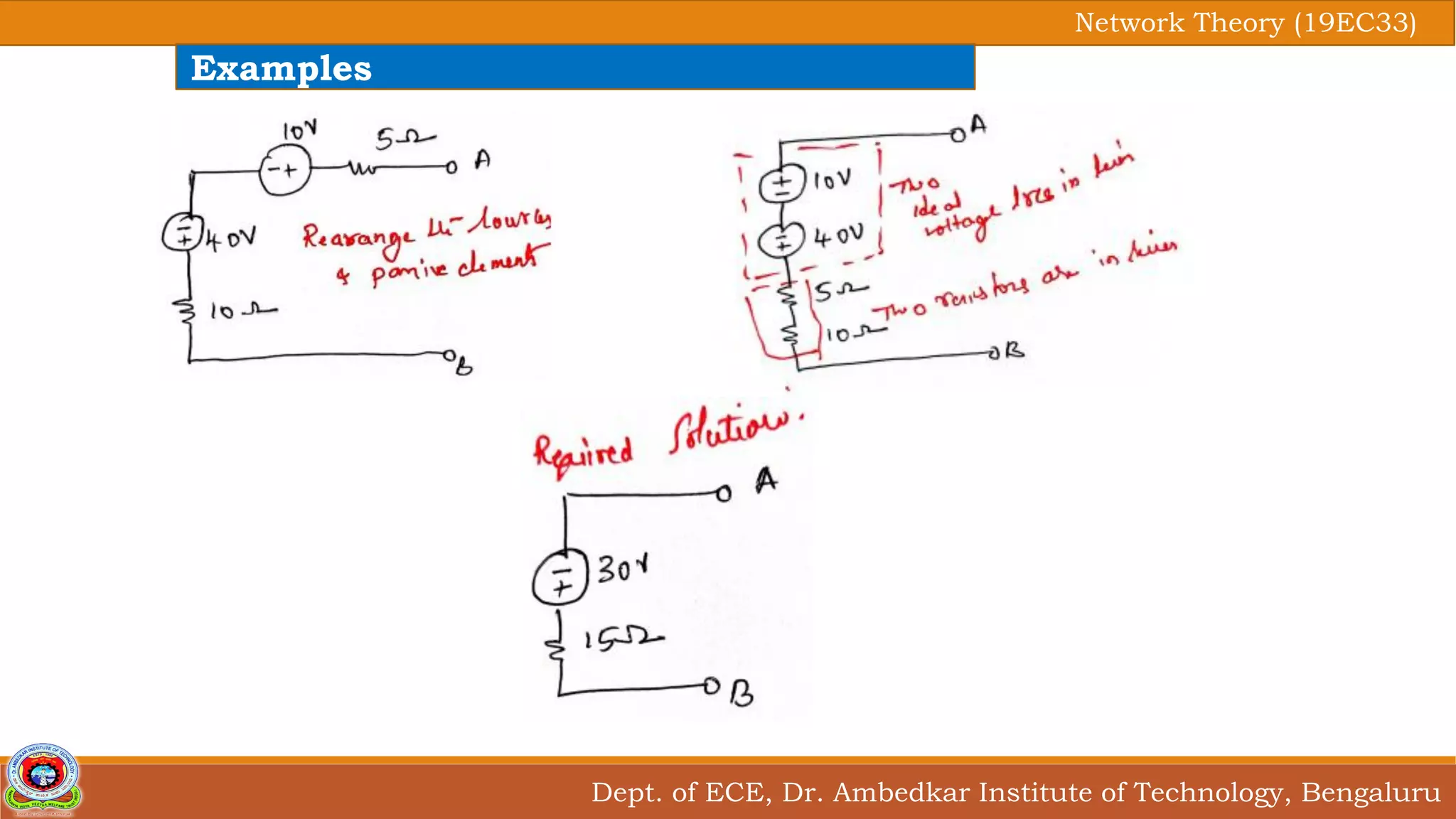 Dept. of ECE, Dr. Ambedkar Institute of Technology, Bengaluru
Network Theory (19EC33)
Examples
 