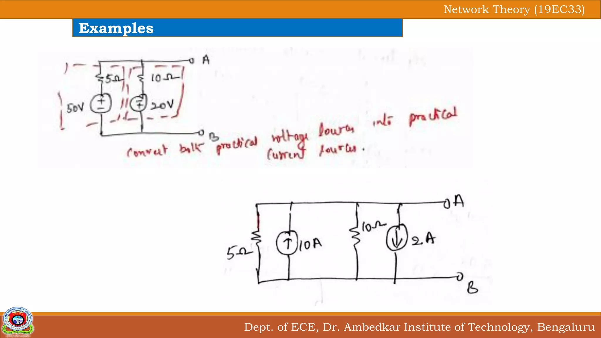 Dept. of ECE, Dr. Ambedkar Institute of Technology, Bengaluru
Network Theory (19EC33)
Examples
 