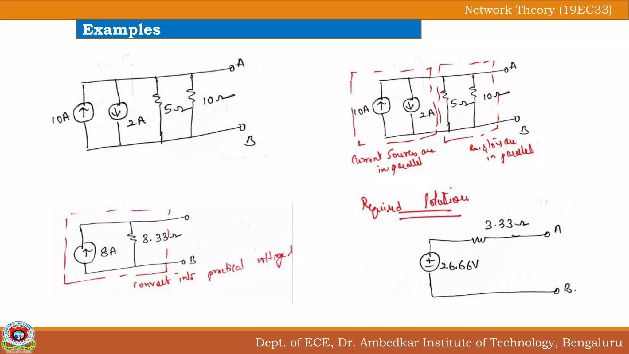 Dept. of ECE, Dr. Ambedkar Institute of Technology, Bengaluru
Network Theory (19EC33)
Examples
 