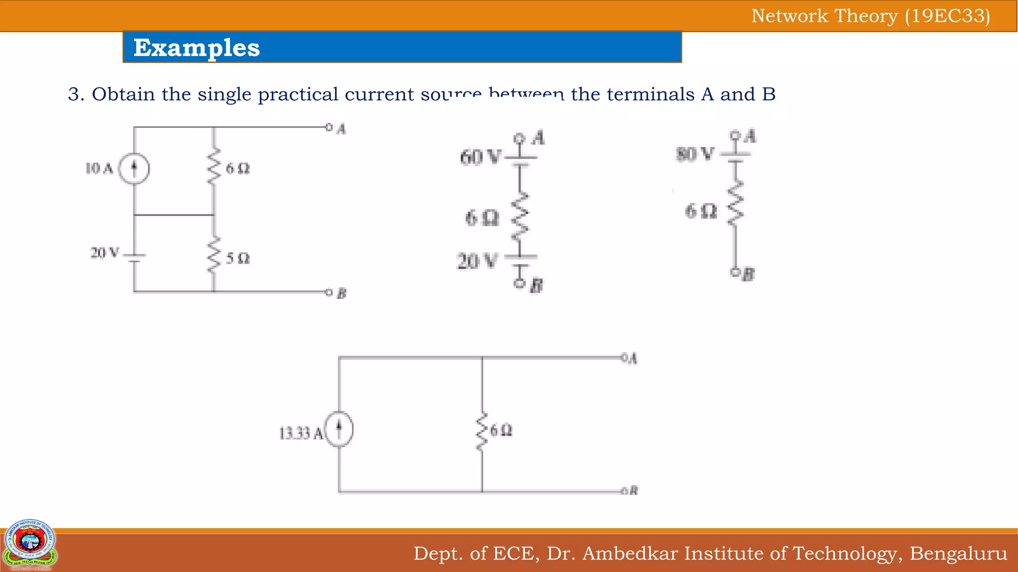 Dept. of ECE, Dr. Ambedkar Institute of Technology, Bengaluru
Network Theory (19EC33)
Examples
3. Obtain the single practical current source between the terminals A and B
 