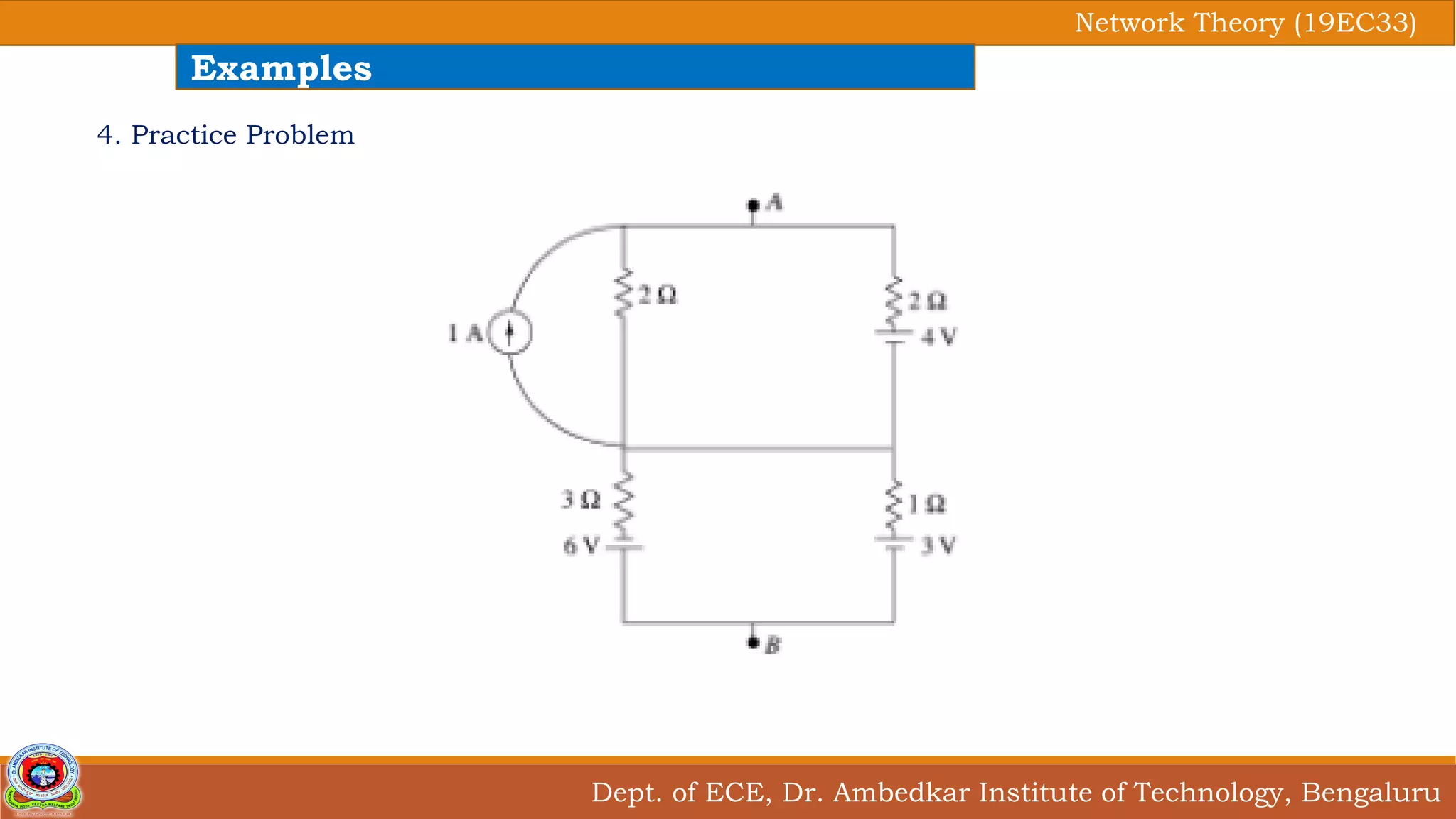 Dept. of ECE, Dr. Ambedkar Institute of Technology, Bengaluru
Network Theory (19EC33)
Examples
4. Practice Problem
 