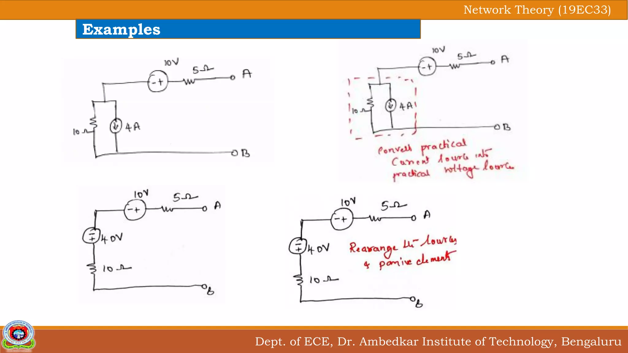 Dept. of ECE, Dr. Ambedkar Institute of Technology, Bengaluru
Network Theory (19EC33)
Examples
 