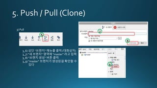 3) Pull
3_6) 상단 “브랜치“ 메뉴를 클릭 (대화상자)
3_7) “새 브랜치“ 영역에 “master” 라고 입력
3_8) “브랜치 생성“ 버튼 클릭
3_9) “master” 브랜치가 생성된걸 확인할 수
있다
6
7
8
9
 