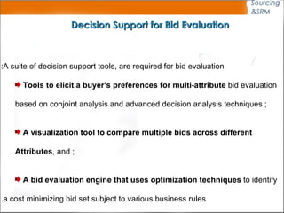 Decision Support for Bid Evaluation A suite of decision support tools, are required for bid evaluation: T ools to elicit a buyer’s preferences for multi-attribute  bid evaluation  based on conjoint analysis and advanced decision analysis techniques ;  A visualization tool to compare multiple bids across different  Attributes , and ; A bid evaluation engine that uses optimization techniques  to identify   a cost minimizing bid set subject to various business rules. 