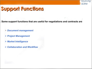 Support Functions Some support functions that are useful for negotiations and contracts are  : Document management Project Management Market Intelligence Collaboration and Workflow 