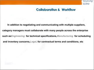 Collaboration &  Workflow In addition to negotiating and communicating with multiple suppliers,  category managers must collaborate with many people across the enterprise  such as  Engineering  for technical specifications,  Manufacturing  for scheduling  and inventory concerns,  Legal  for contractual terms and conditions, etc.   