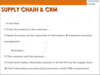 SUPPLY CHAIN & CRM In the Past :  Push the product to the customer….. Sales forecasts are the essentials of information    Imperfect inventory  management  Nowadays :  The customer pull the demand….. Command makes information present in all the firm by the supply chain    First informations are planning & prevision, while CRM is permanent. 