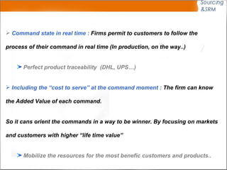 Command state in real time :  Firms permit to customers to follow the process of their command in real time (In production, on the way..)  Perfect product traceability  (DHL, UPS…) Including the “cost to serve” at the command moment :  The firm can know  the Added Value of each command.  So it cans orient the commands in a way to be winner. By focusing on markets  and customers with higher “life time value” Mobilize the resources for the most benefic customers and products..  