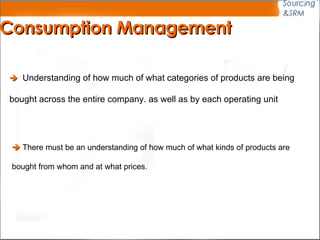 Consumption Management    Understanding of how much of what categories of products are being  bought across the entire company  as well as by each operating unit.    There must be an understanding of how much of what kinds of products are  bought from whom and at what prices. 