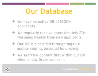 Our Database
✦ We have an active DB of 1000+
  applicants
✦ We regularly receive approximately 20+
  Resumes weekly from n...