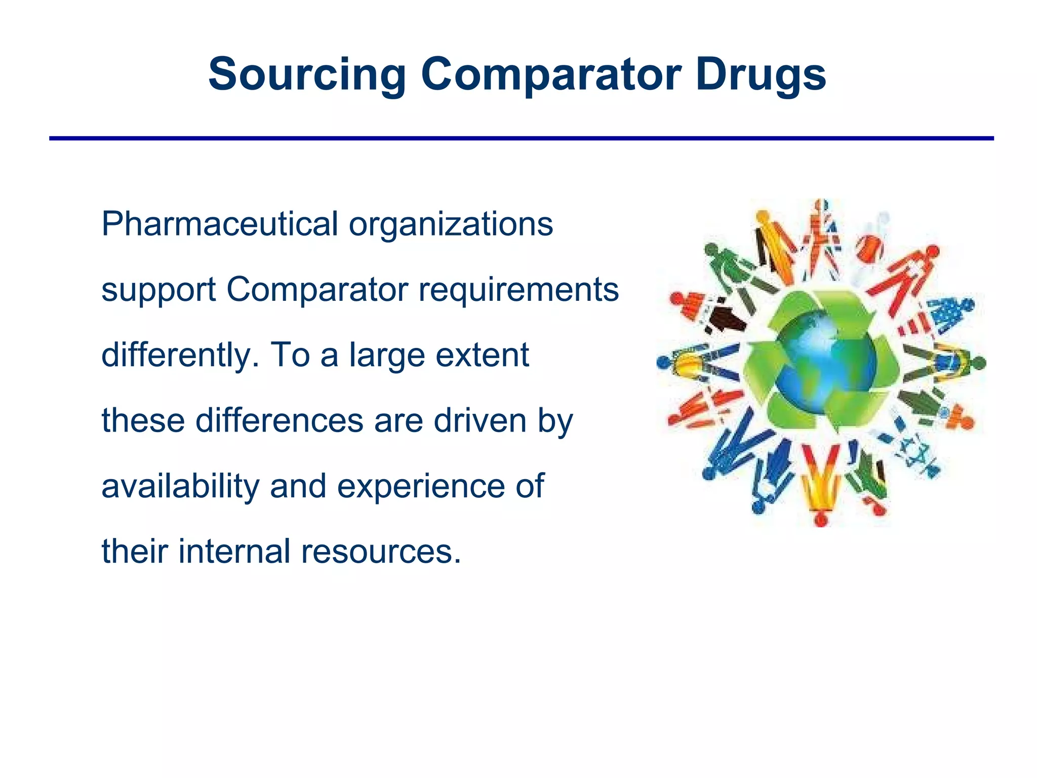 Sourcing Comparator Drugs Pharmaceutical organizations support Comparator requirements differently. To a large extent these differences are driven by availability and experience of their internal resources. 
