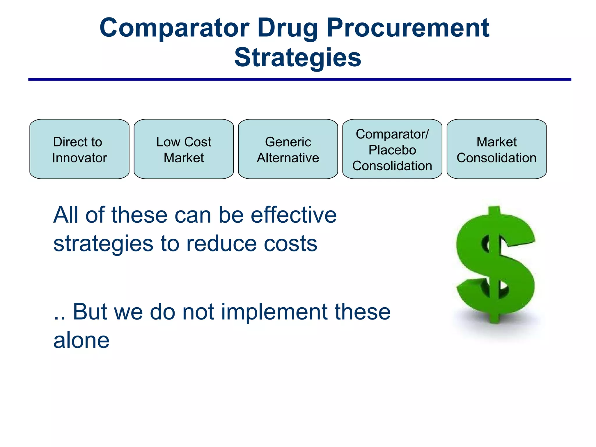 Comparator Drug Procurement  Strategies All of these can be effective strategies to reduce costs .. But we do not implement these alone Direct to  Innovator Low Cost Market Generic Alternative Comparator/ Placebo Consolidation Market Consolidation 