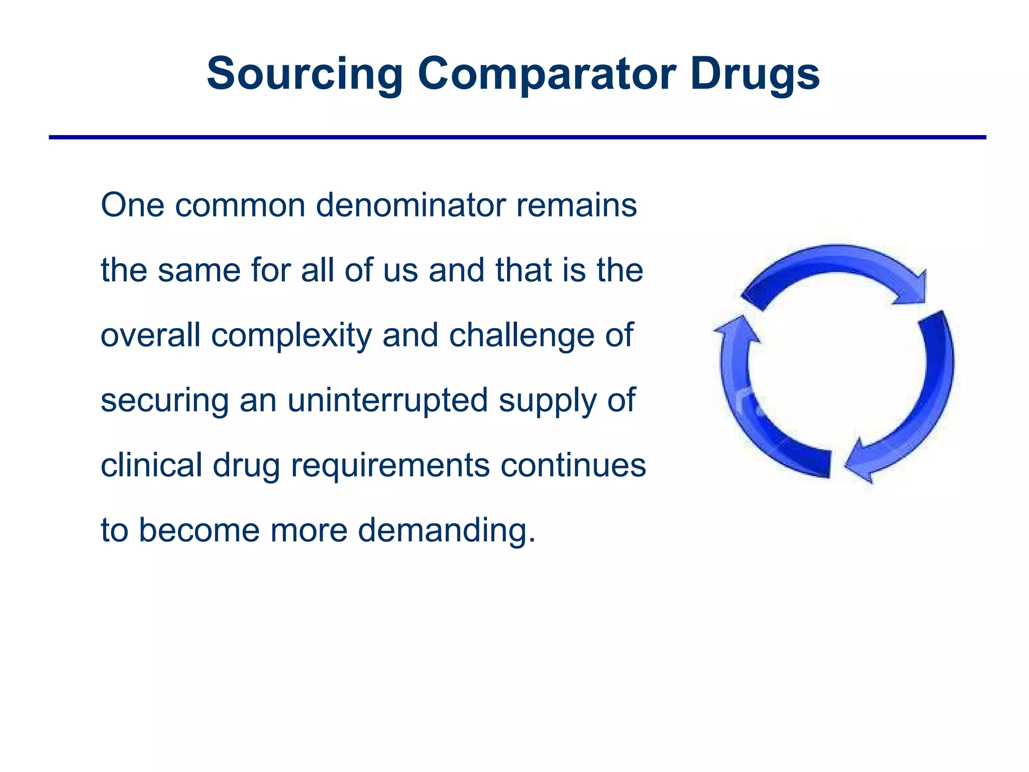 Sourcing Comparator Drugs One common denominator remains the same for all of us and that is the overall complexity and challenge of securing an uninterrupted supply of clinical drug requirements continues to become more demanding.  
