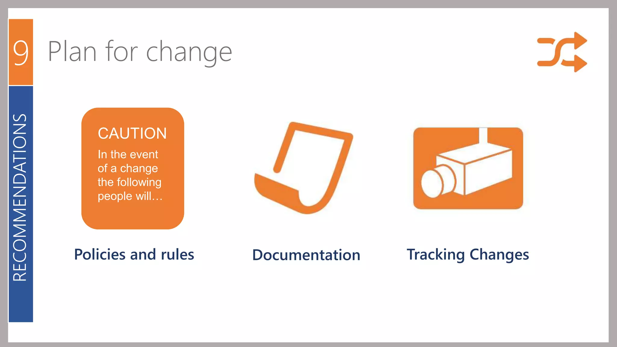 9 Plan for change 
RECOMMENDATIONS 
CAUTION 
In the event 
of a change 
the following 
people will… 
Policies and rules Documentation Tracking Changes 
 
