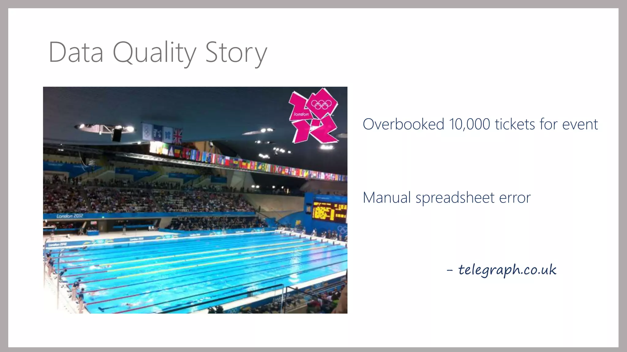 Data Quality Story 
Overbooked 10,000 tickets for event 
Manual spreadsheet error 
- telegraph.co.uk 
 