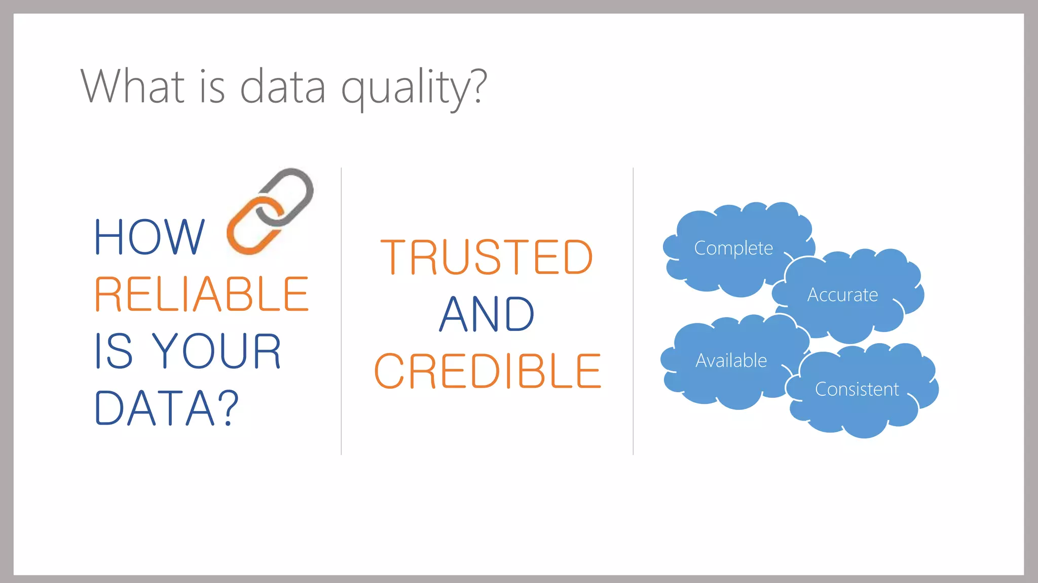 What is data quality? 
HOW 
RELIABLE 
IS YOUR 
DATA? 
TRUSTED 
AND 
CREDIBLE 
Complete 
Accurate 
Available 
Consistent 
 