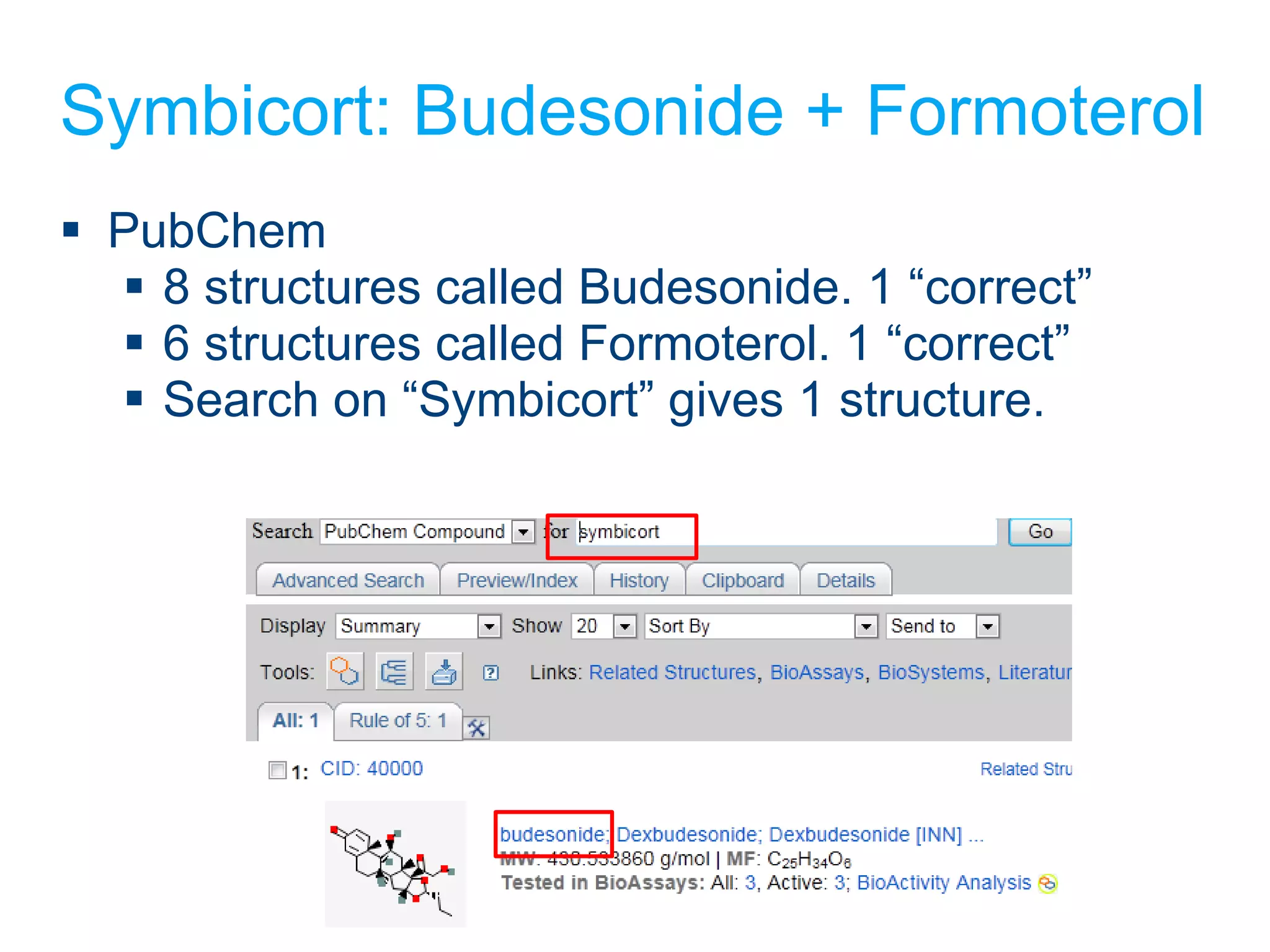 Symbicort: Budesonide + Formoterol PubChem 8 structures called Budesonide. 1 “correct” 6 structures called Formoterol. 1 “correct” Search on “Symbicort” gives 1 structure.  