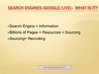 Search ENGINES (Google/Live)– What is it?2Search Engine = Information