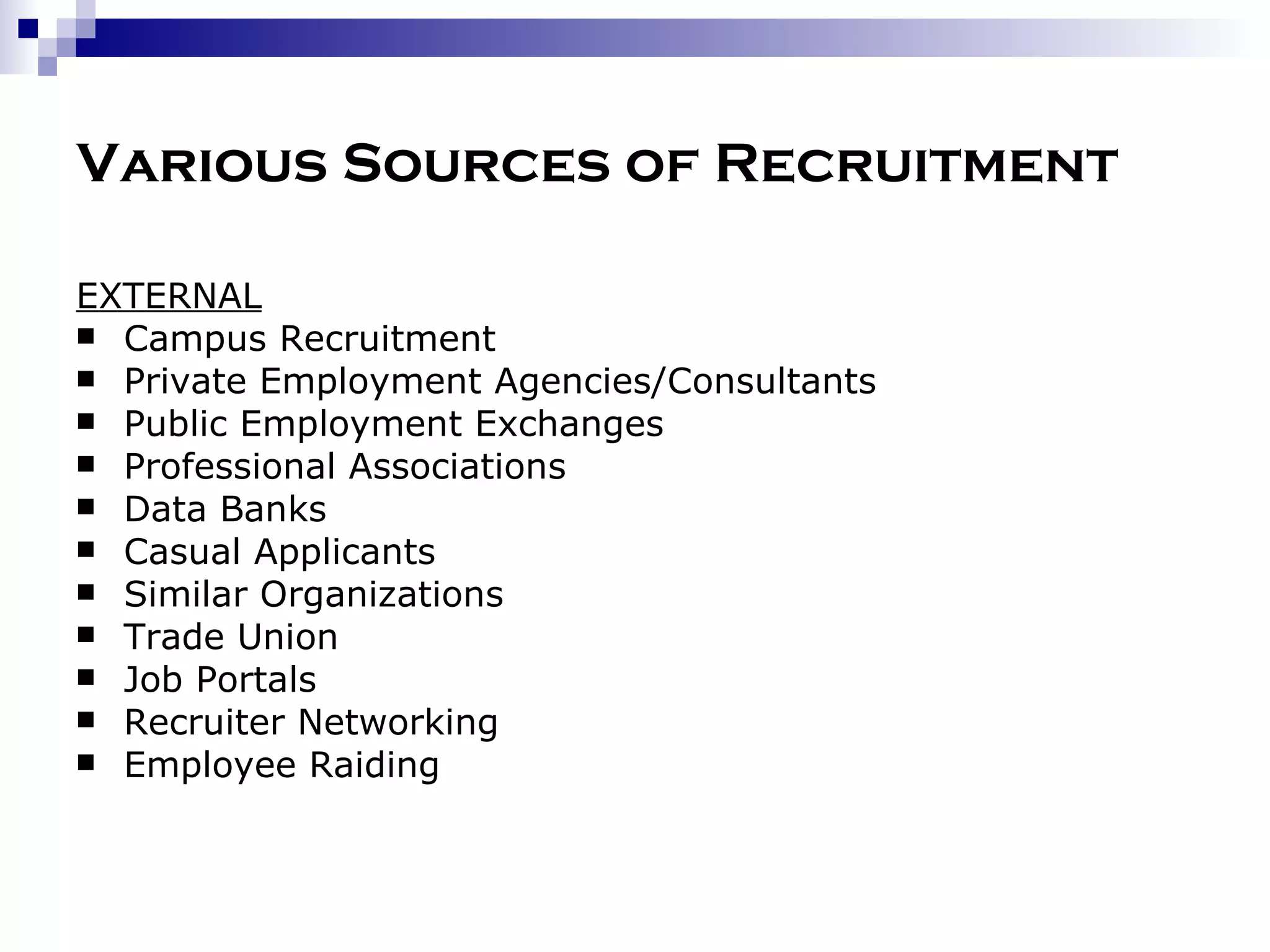 Various Sources of Recruitment EXTERNAL Campus Recruitment Private Employment Agencies/Consultants Public Employment Exchanges Professional Associations Data Banks Casual Applicants Similar Organizations Trade Union Job Portals Recruiter Networking Employee Raiding 