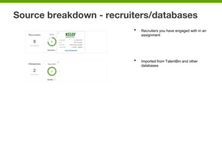 Source breakdown - recruiters/databases
•  Recruiters you have engaged with in an
assignment
•  Imported from TalentBin and other
databases
 