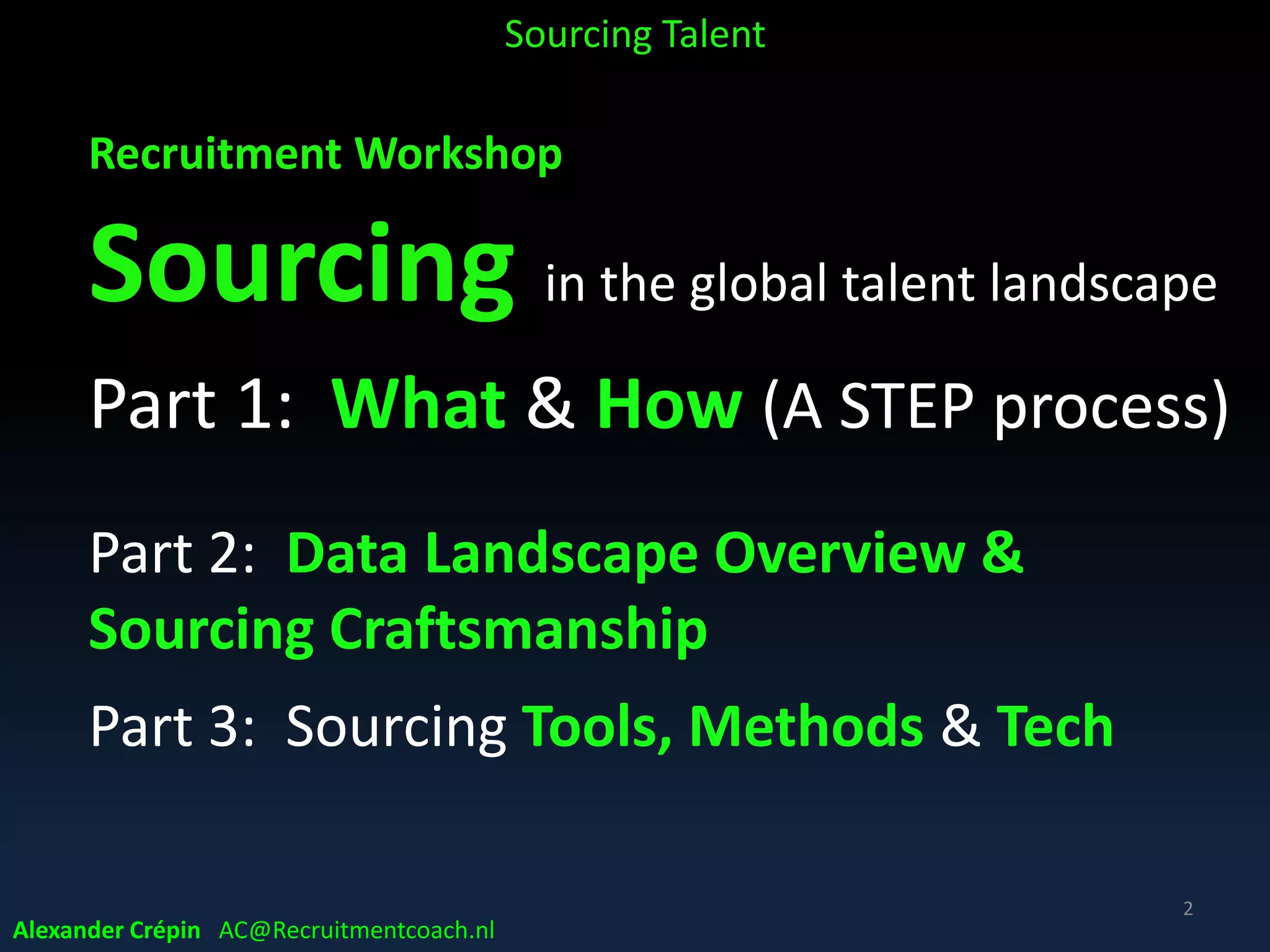 Recruitment Workshop
Sourcing in a global talent landscape
Part 1 A: What & How - A STEP process
Part 1 B: What & How - A STEP process
Part 2 A: Data Landscape Overview
Part 2 B: Sourcing Craftsmanship
Part 3: Sourcing Tools, Methods & Tech
2
Alexander Crépin AC@Recruitmentcoach.nl
 