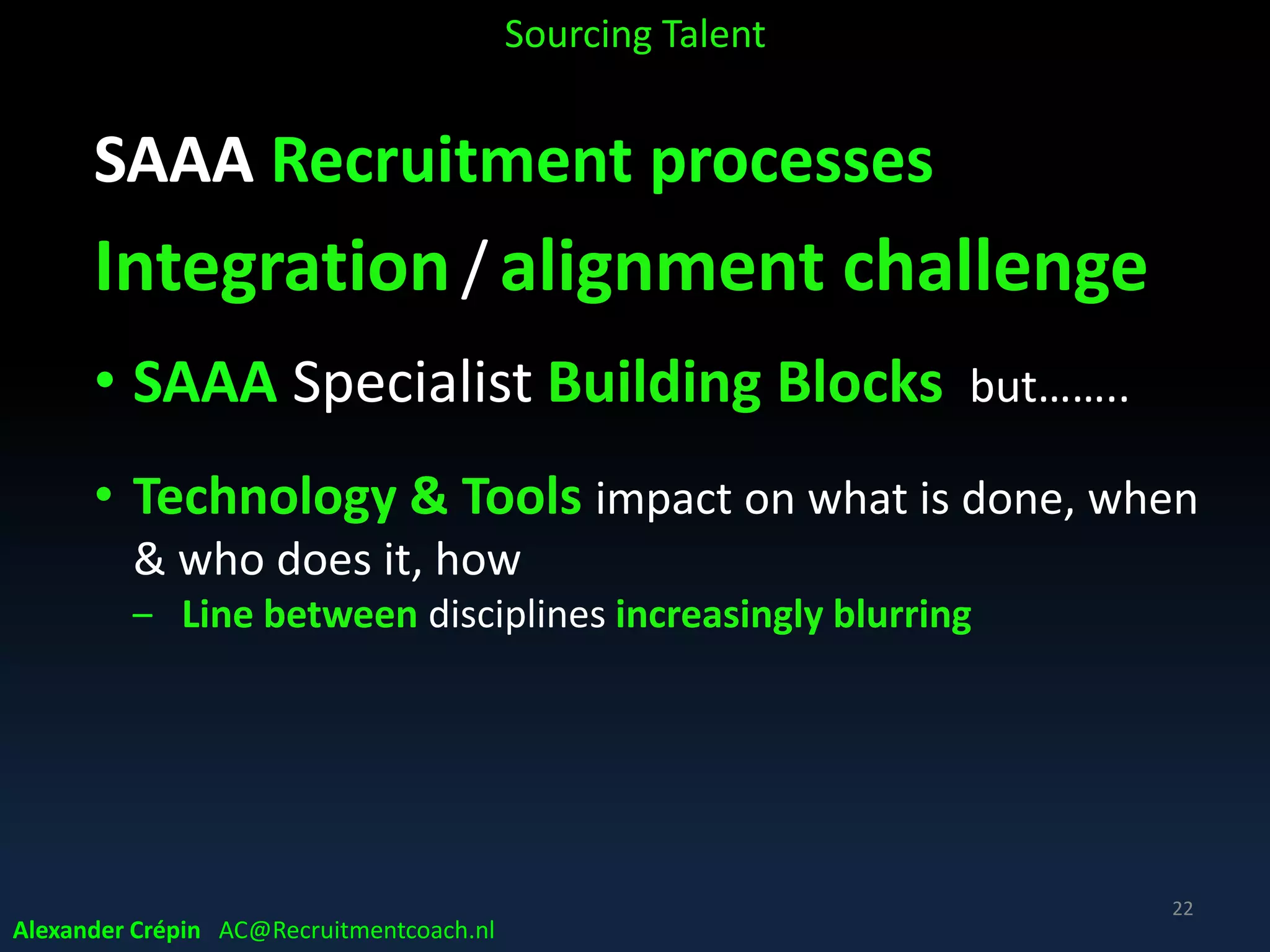 Inbound and Outbound
• Job Branding
• Job (opening) Specific Content
• Used autonomously (inbound)
AND
• to support sourcing activities (outbound)
Alexander Crépin Recruitmentcoach.nl
Sourcing Talent
22
 