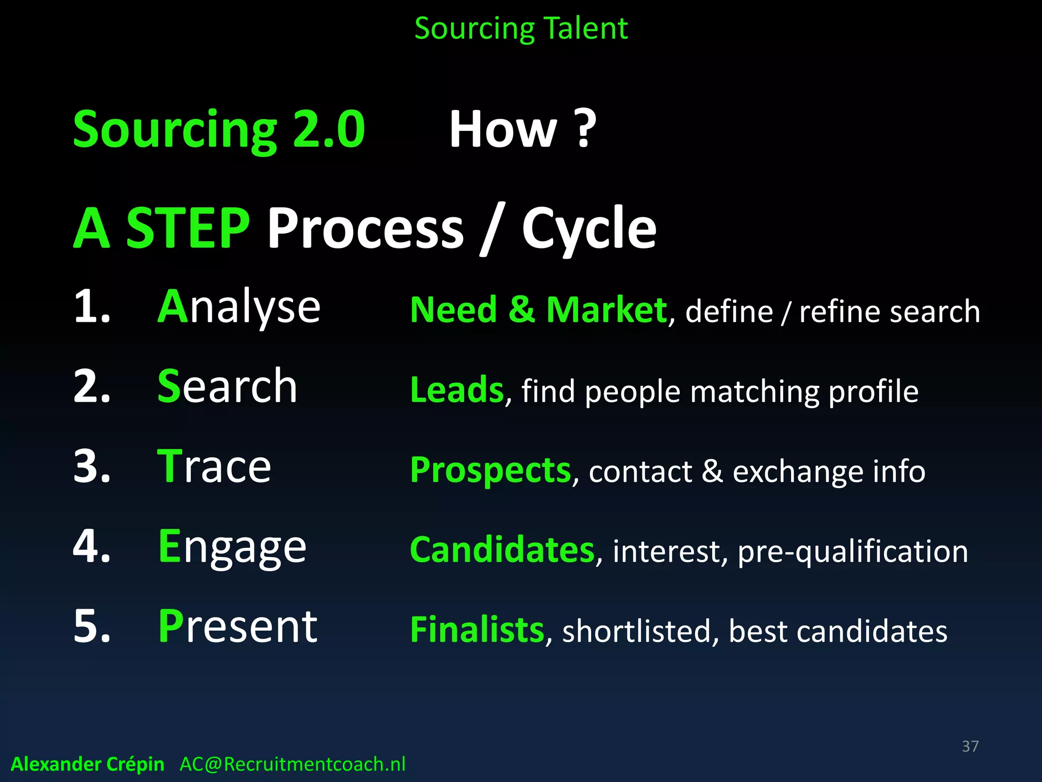 Sourcing 2.0 & beyond ingredients
Analytics & Finding & Engaging
Using
• Data
• Tools
• Methods
• Tech
• Sourcing 2.0 can’t do without
(see part 2 & 3)
Alexander Crépin AC@Recruitmentcoach.nl
Sourcing Talent
37
 