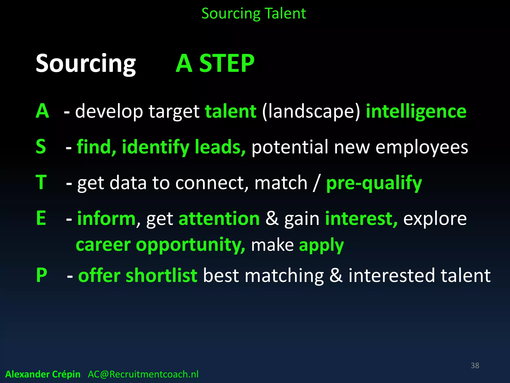 Sourcing 2.0 How ?
A STEP Process / Cycle
1. Analyse Need & Market, define / refine search
2. Search Leads, find people matching profile
3. Trace Prospects, contact & exchange info
4. Engage Candidates, interest, pre-qualification
5. Present Finalists, shortlisted, best candidates
Alexander Crépin AC@Recruitmentcoach.nl
Sourcing Talent
38
 