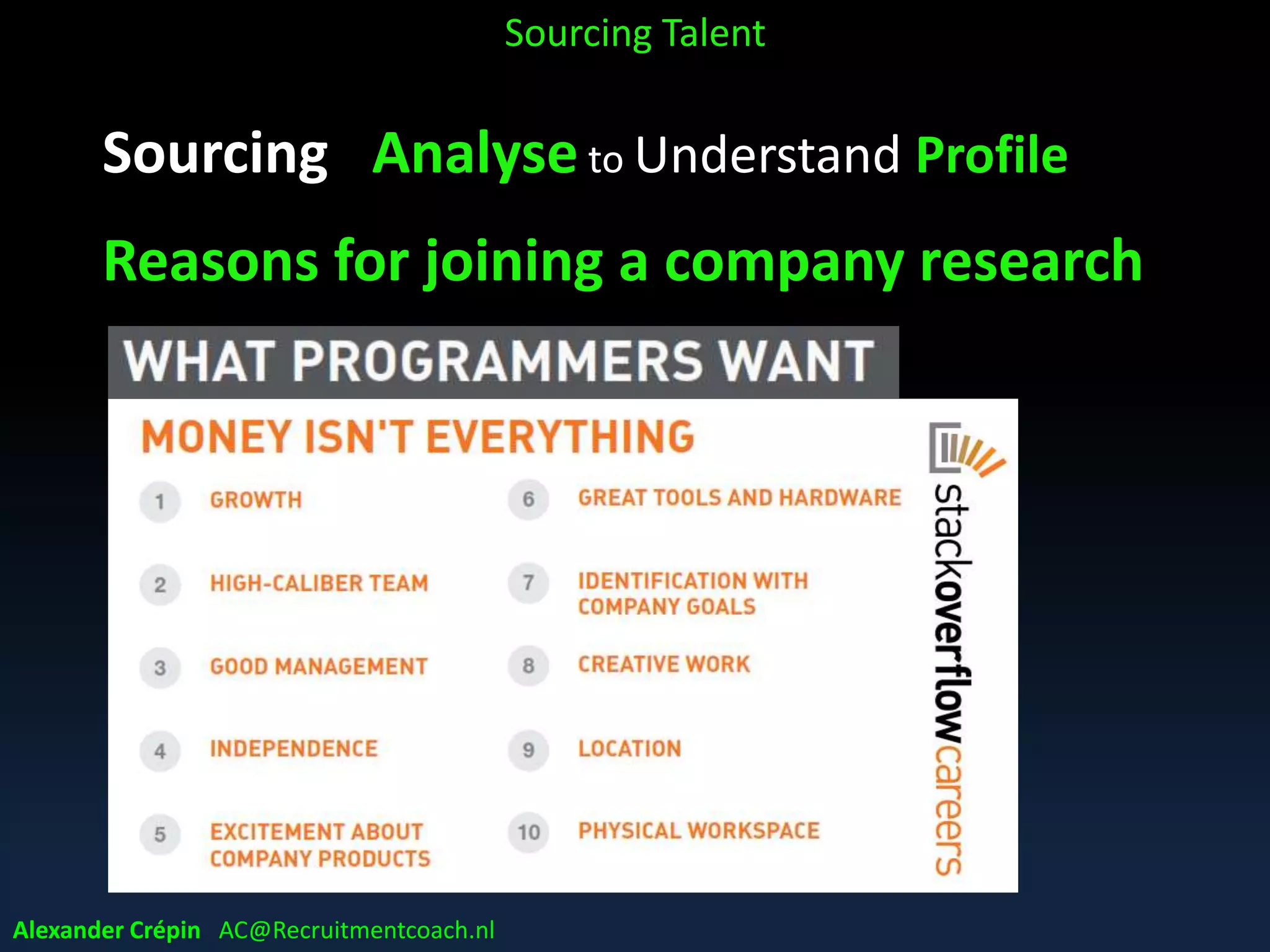 Sourcing Analyse Historic data
• Referral history
• Recent hire & exit data
• People & reasons for turning down job offer
• Previously used hiring sources
Sourcing Talent
Alexander Crépin AC@Recruitmentcoach.nl
57
 