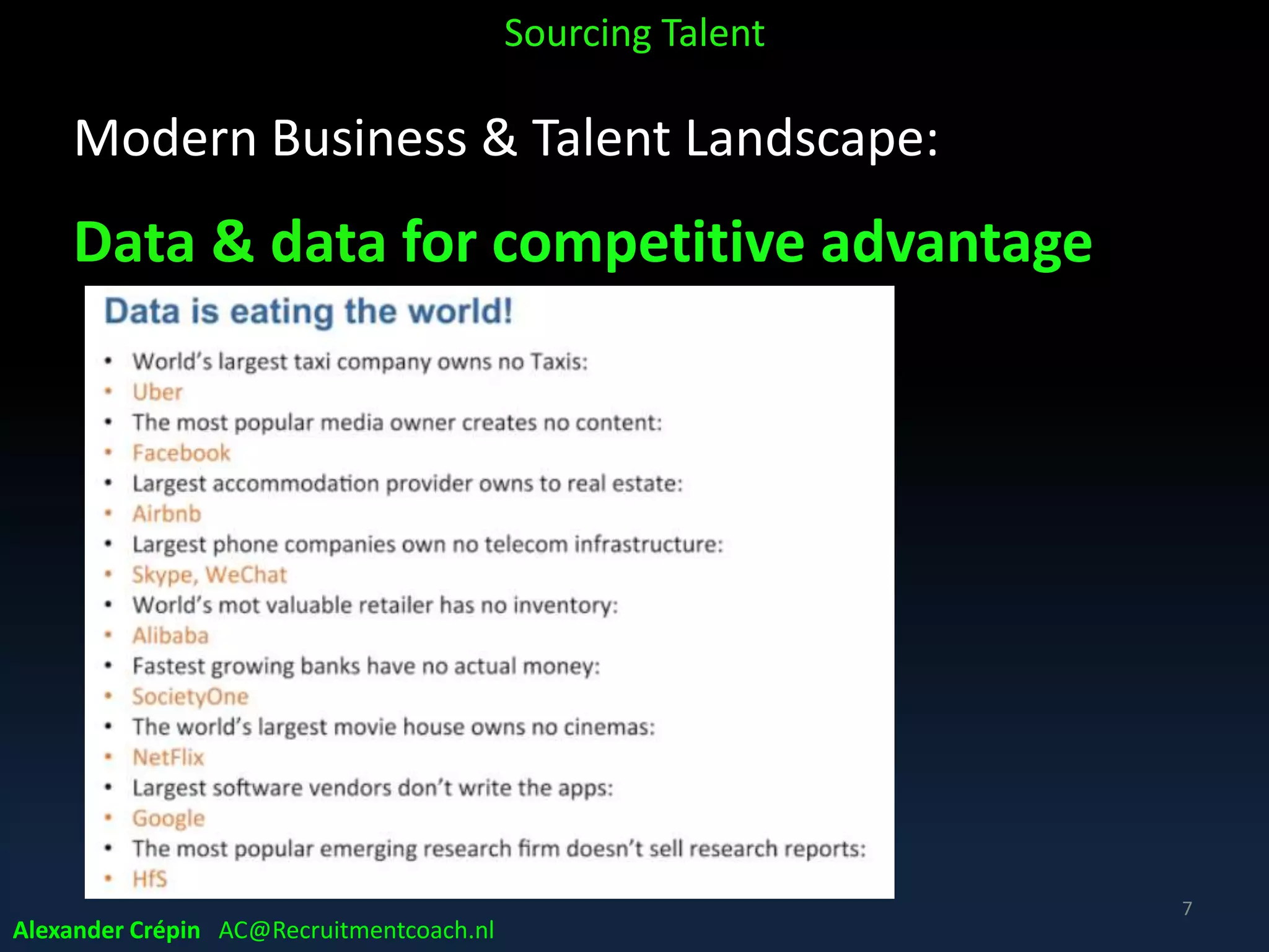 Modern Business & Talent Landscape:
Data & data for competitive advantage
Sourcing Talent
7
Alexander Crépin AC@Recruitmentcoach.nl
 