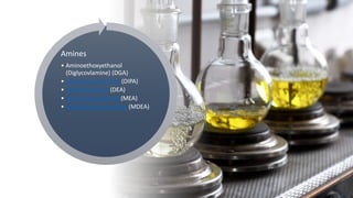 Amines
• Aminoethoxyethanol
(Diglycovlamine) (DGA)
• Diisopropanolamine (DIPA)
• Diethanolamine (DEA)
• Monoethanolamine (MEA)
• Methyldiethanolamine (MDEA)
 