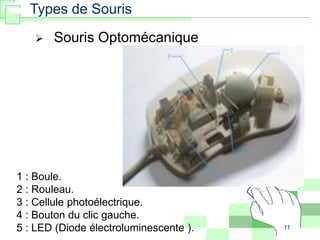 11
 Souris Optomécanique
Types de Souris
1 : Boule.
2 : Rouleau.
3 : Cellule photoélectrique.
4 : Bouton du clic gauche.
5 : LED (Diode électroluminescente ).
 