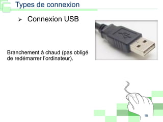 18
Branchement à chaud (pas obligé
de redémarrer l’ordinateur).
 Connexion USB
Types de connexion
 