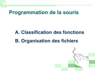 Programmation de la souris
A. Classification des fonctions
B. Organisation des fichiers
 