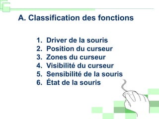 1. Driver de la souris
2. Position du curseur
3. Zones du curseur
4. Visibilité du curseur
5. Sensibilité de la souris
6. État de la souris
A. Classification des fonctions
 