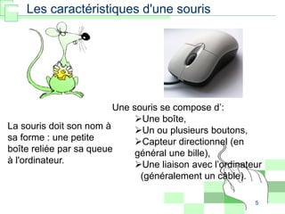 5
Les caractéristiques d'une souris
La souris doit son nom à
sa forme : une petite
boîte reliée par sa queue
à l'ordinateur.
Une souris se compose d’:
Une boîte,
Un ou plusieurs boutons,
Capteur directionnel (en
général une bille),
Une liaison avec l’ordinateur
(généralement un câble).
 