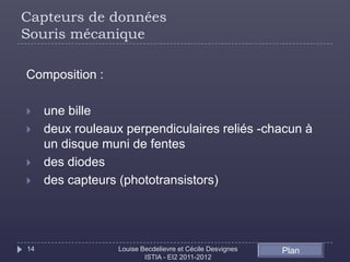 Capteurs de données
Souris mécanique

Composition :

    une bille
    deux rouleaux perpendiculaires reliés -chacun à
     un disque muni de fentes
    des diodes
    des capteurs (phototransistors)




14                Louise Becdelievre et Cécile Desvignes   Plan
                          ISTIA - EI2 2011-2012
 