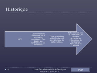 Historique




                                                         Ils travaillaient pour
              Les informations
                                                          le Xerox PARC, le
              transmises par la
                                   C'est Jack Hawley             centre de
                 souris sont
                                   et Bill English qui        recherche en
     1972    numériques ! Plus
                                   sont à l'origine de      informatique de
                 besoin que
                                    cette évolution.           l'entreprise
             l'ordinateur ne les
                                                             Xerox, situé en
                 convertisse.
                                                                Californie.




9              Louise Becdelievre et Cécile Desvignes                  Plan
                       ISTIA - EI2 2011-2012
 