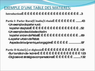 EXEMPLE D’UNE TABLE DES MATIERES: Introduction ……………………………………………………..3 Partie I- Parler Rural/Citadin/Urbain ……………………........43  -Un exemple de parler rural: le parler des jbala……………………………………………..52 -Un exemple des dialecte citadin: le parler ancien de Rabat……………………………………...69 -Le parler urbain de Rabat: Aspects de la dynamique langagière……………….................97 Partie II-Koiné(s) et diglossie ………………………………….121 -Sur la notion de« koiné»………………………………………123 -Diglossie et stratégies compensatoires…………………..........132 